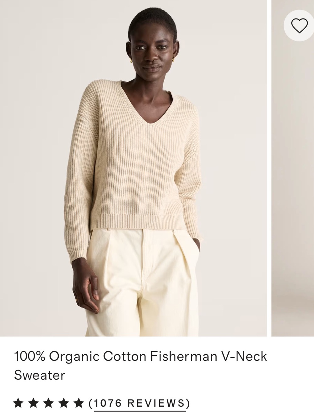 Quince Cream V-Neck Organic Cotton Sweater NWOT L